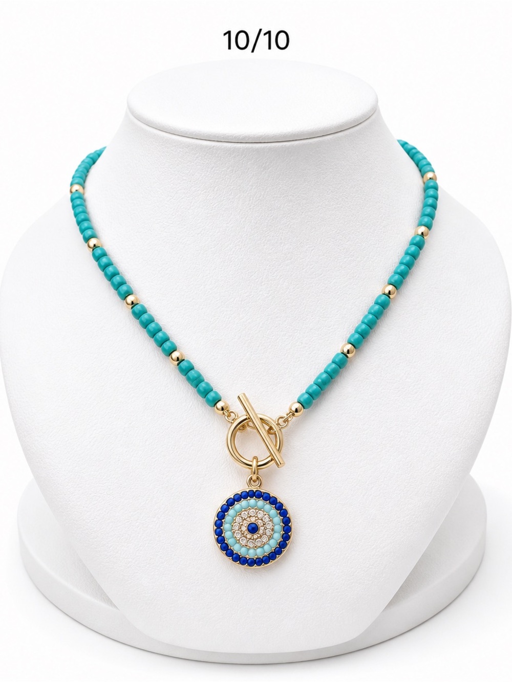 Gold Toggle Turquoise Beaded Necklace with Blue Evil Eye Pendant